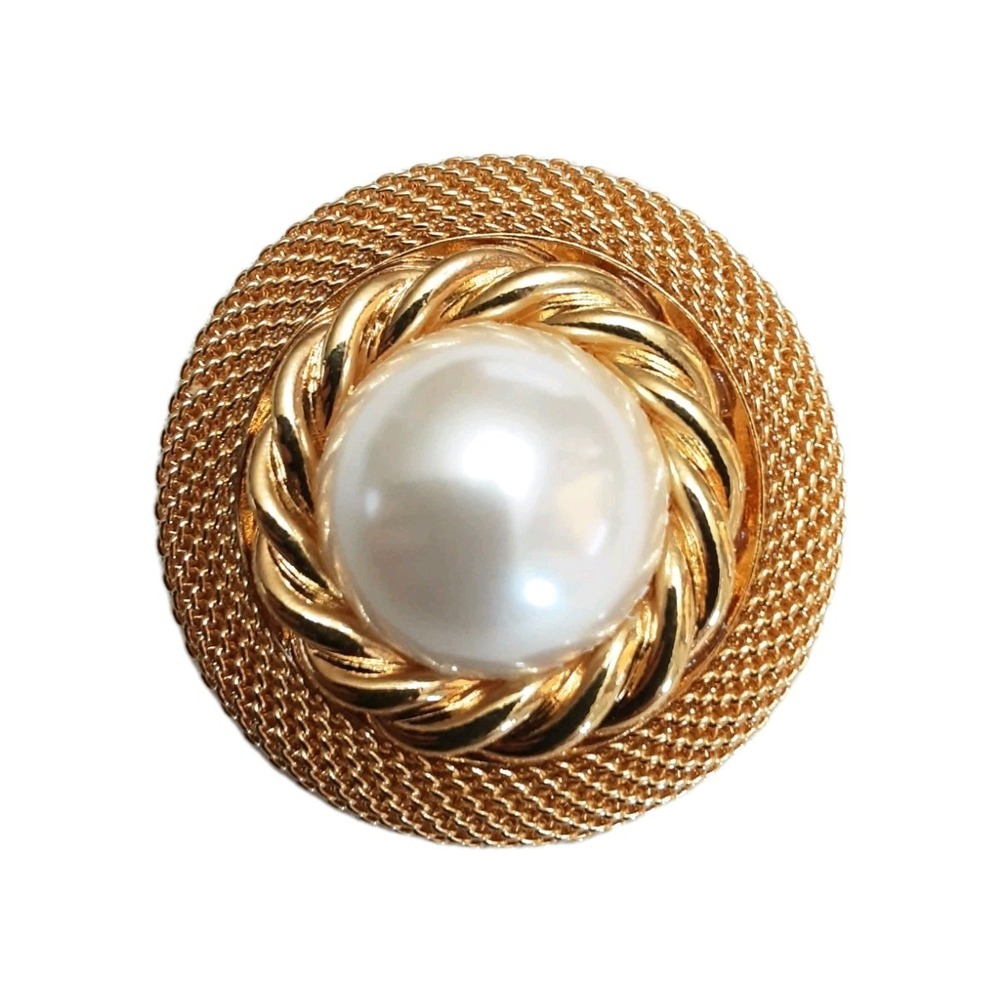 Vintage Scarf Clip Ornate Faux Pearl Shiny Gold tone Round Chain